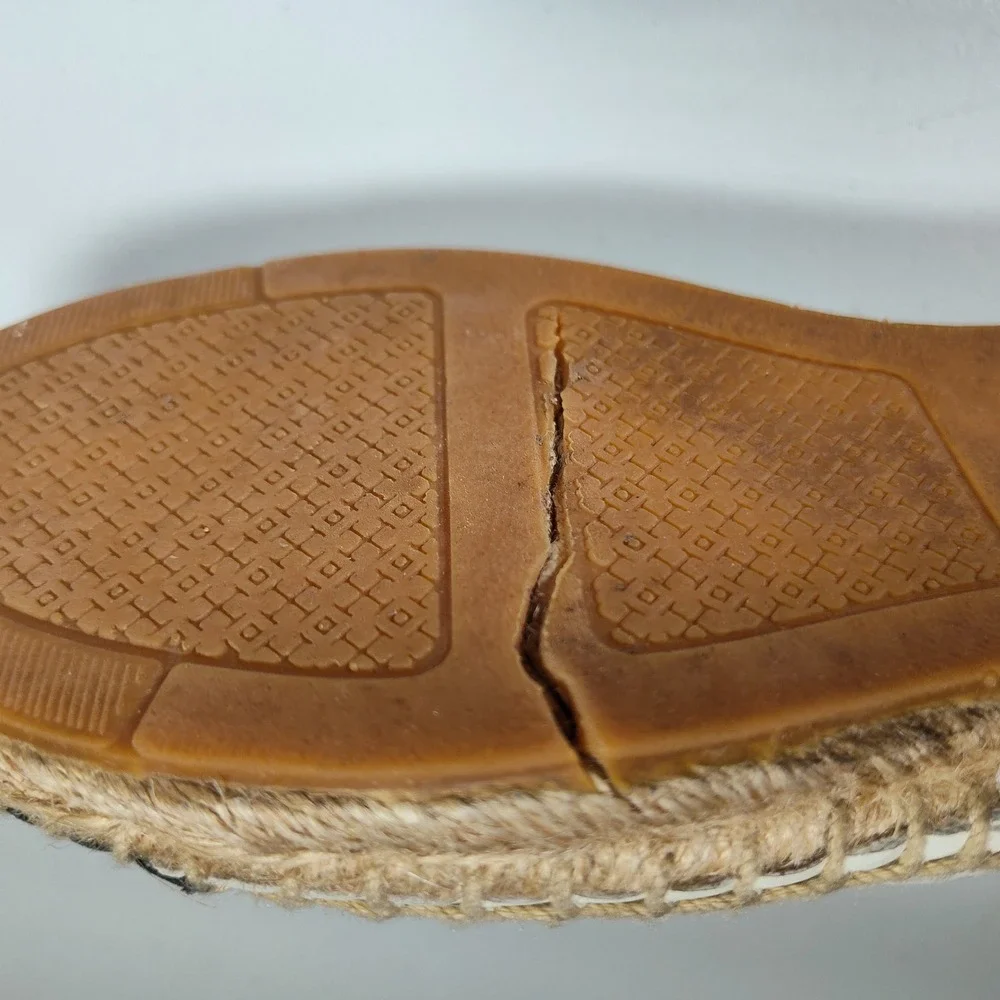 Tory Burch Leather Espadrille Flats Cream Black Logo Cap Toe Slip On Shoes Sz 7